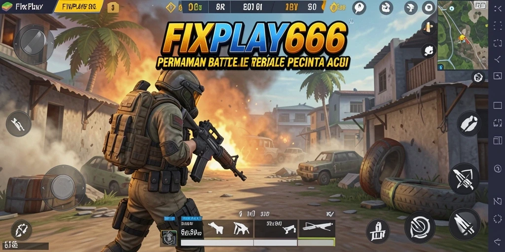 Screenshot utama FIXPLAY666 menunjukkan aksi intens dalam permainan Battle Royale.