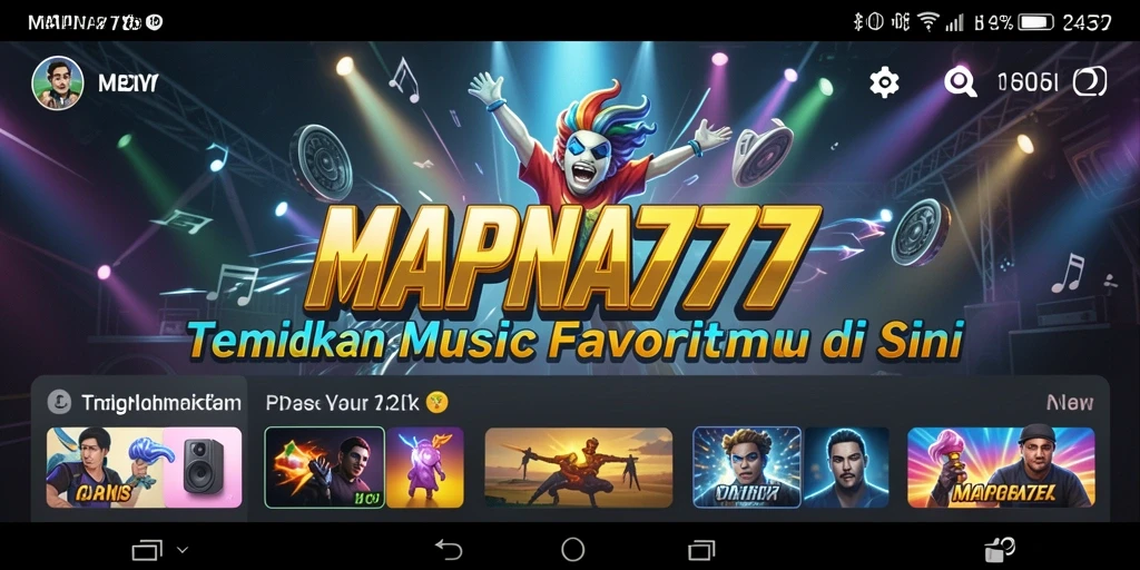 Screenshot utama MAPNA777 menampilkan antarmuka aplikasi Music yang menarik.
