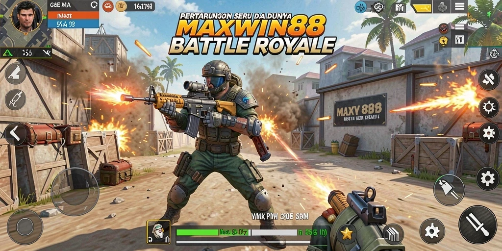 Screenshot gameplay MAXWIN88 menampilkan aksi pertempuran yang mendebarkan dalam Battle Royale.