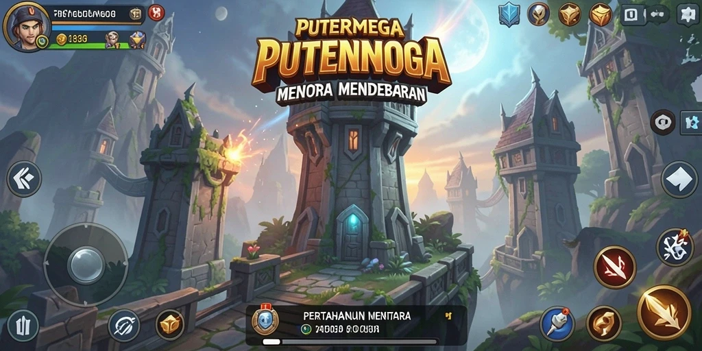 Tampilan gameplay PUTERMEGA menampilkan menara dan musuh yang menegangkan.