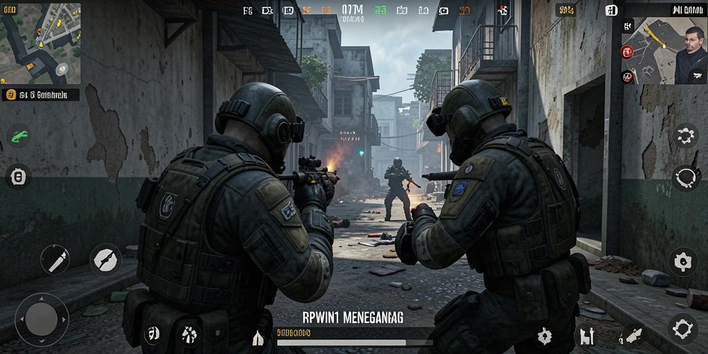 Tangkapan layar gameplay RPWIN1 menunjukkan aksi tembak-menembak yang intens.