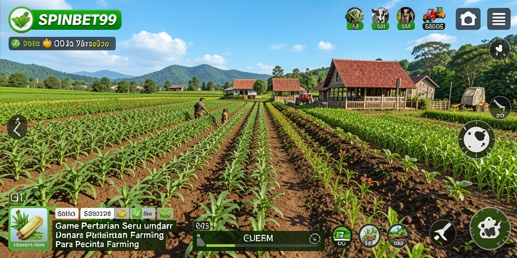 Gameplay SPINBET99 menampilkan petani yang merawat ladang dengan penuh warna.