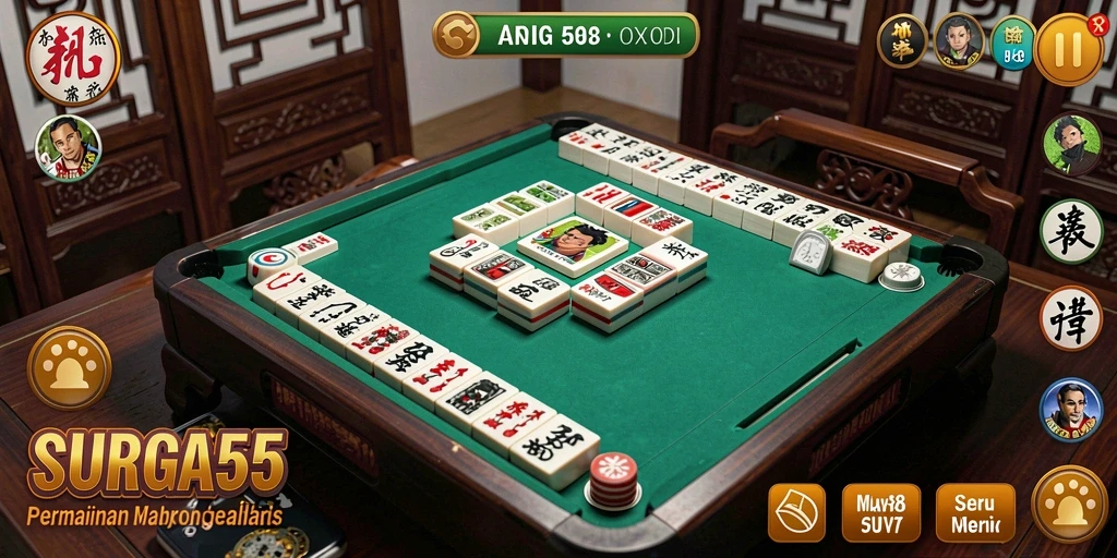 Tampilan gameplay SURGA55 dengan ubin Mahjong yang berwarna-warni.