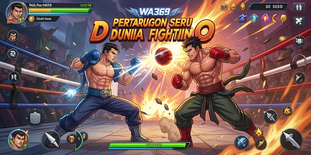 Tangkapan layar WA369 menunjukkan karakter bertarung di arena dengan gerakan dramatis.