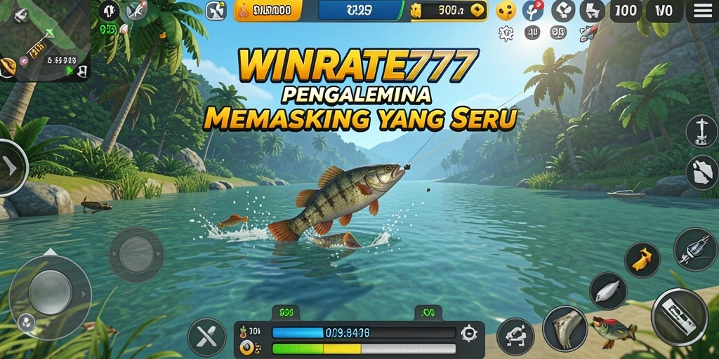 Tampilan gameplay seru WINRATE777 saat memancing di danau yang indah.